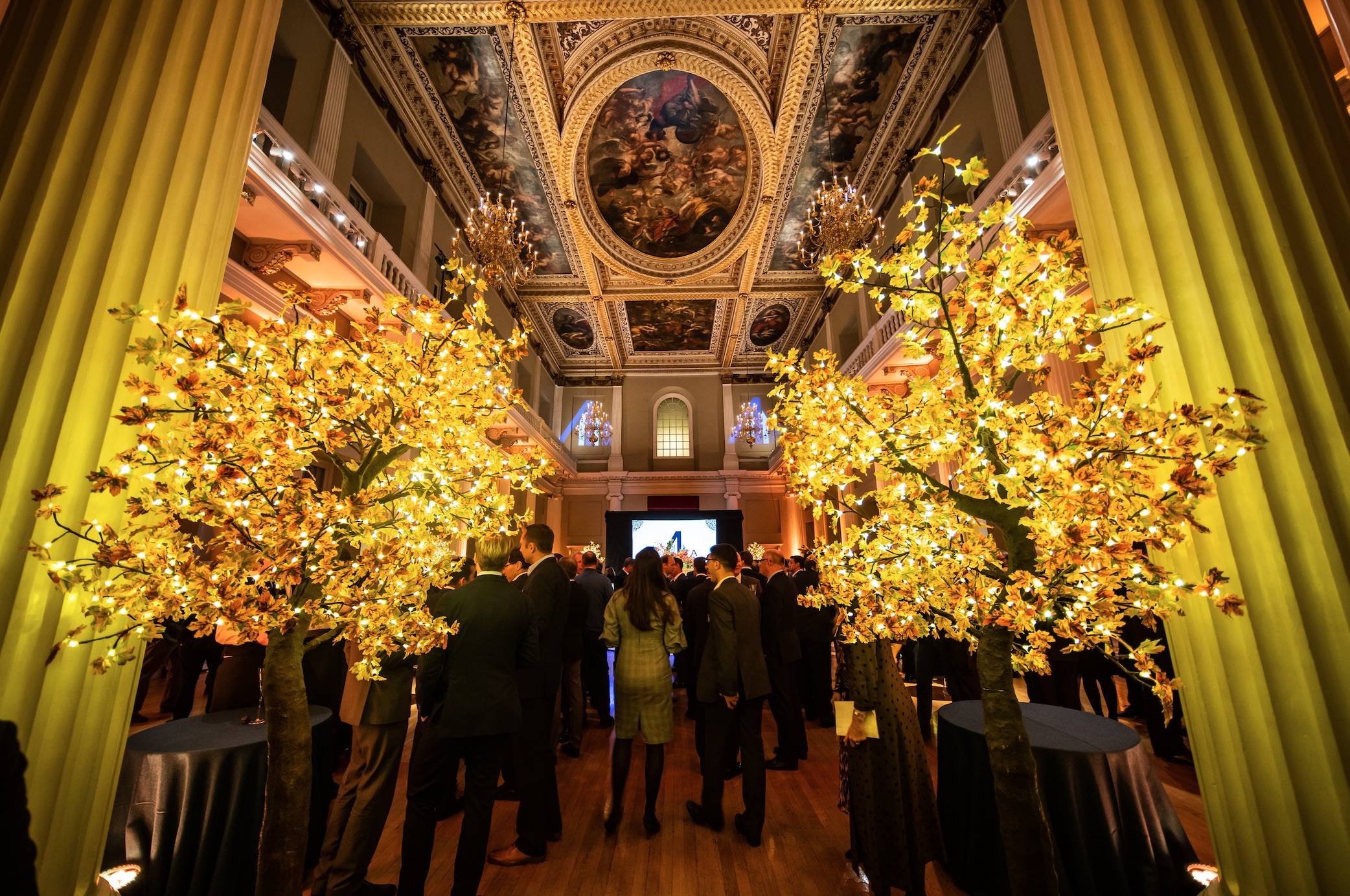 Events at Banqueting House, Party Planner London, parties in a palace, party planners for the palaces, Twilight trees reception drinks, Twilight trees at Banqueting House, Gold led trees, london event planner