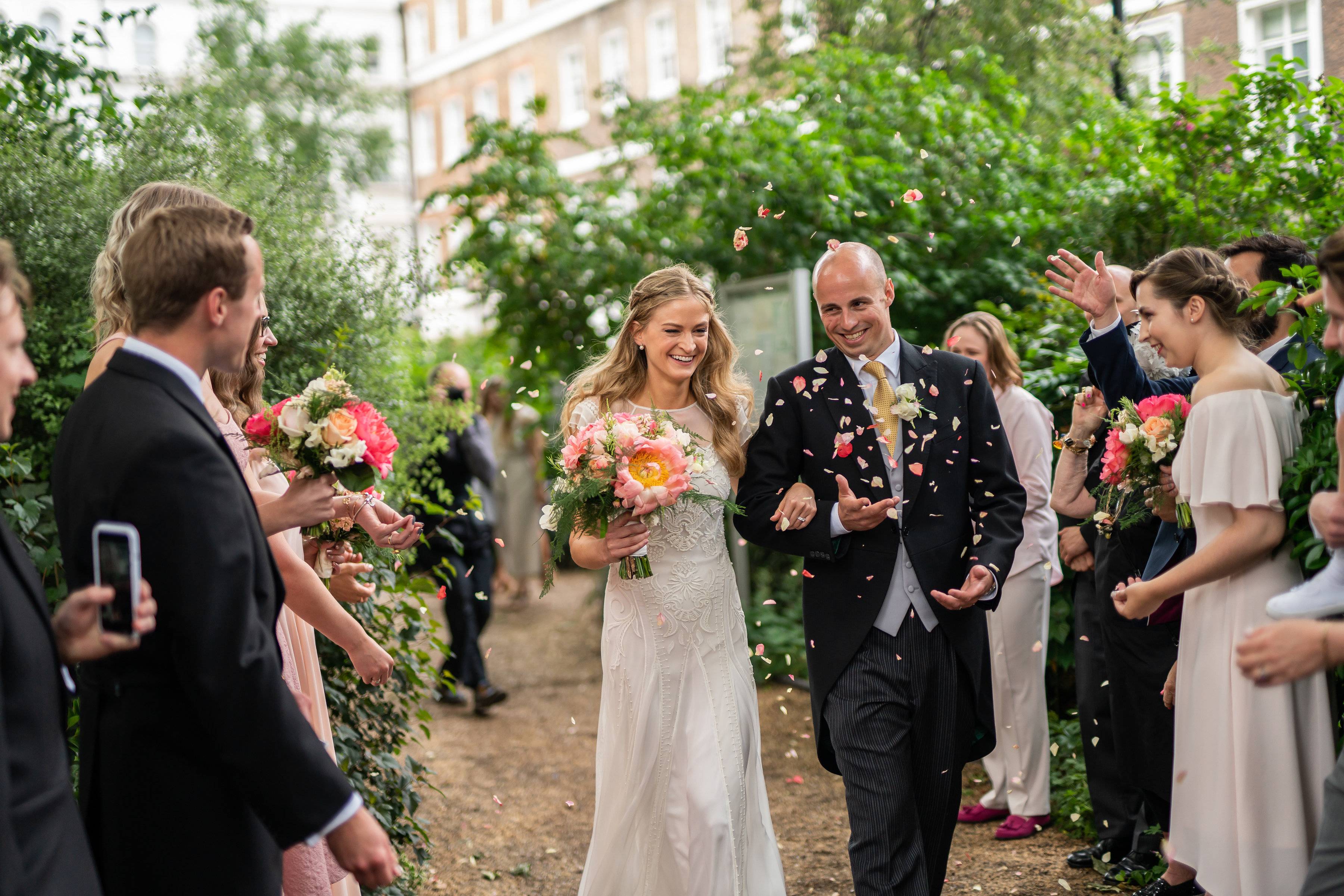 Wedding reception in Manchester Square Gardens, Confetti wedding shot, garden party