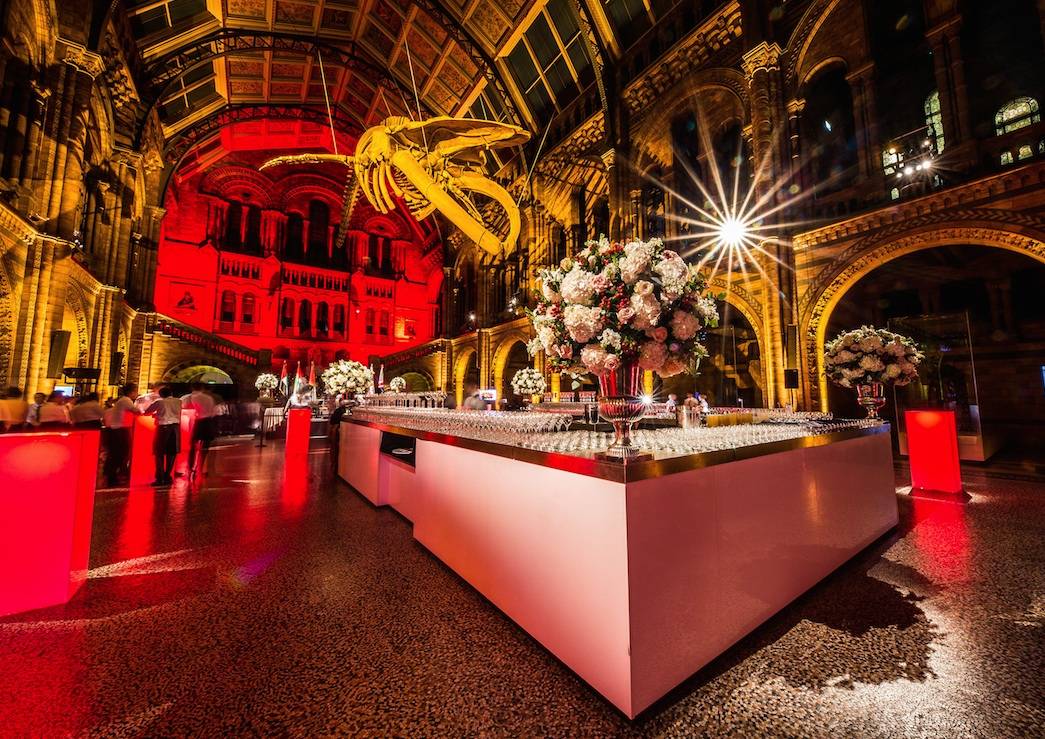 Natural History Museum, Events at the Natural History Museum, Hope the blue whale, London Event Planners, Red LED Poseur tables, Red LED cocktail tables. Mary Jane Vaughan Florist, Unique venues of London, Corporate Events at the Natural History Museum, Event Planners