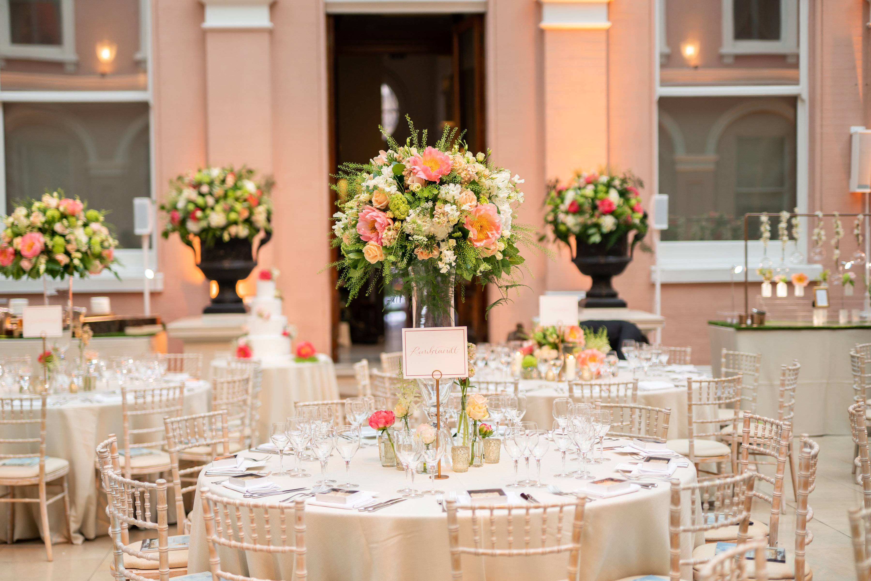 Wallace Collection Wedding, London Wedding Planners, Tall table centre pieces, Courtyard Wedding, Peach tall table centre pieces